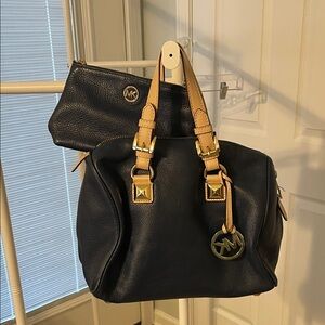 Michael Kors Navy and Tan Satchel with Pouch